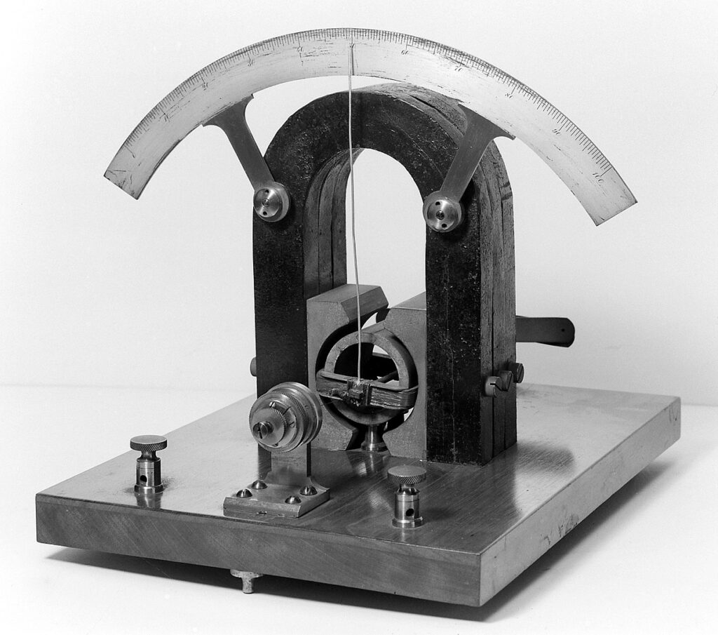 An early D'Arsonval galvanometer showing magnet and rotating coil.