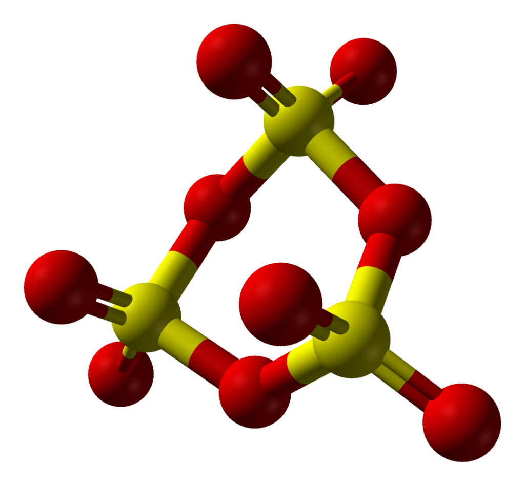 A ball and stick model of sulfur trioxide trimer.