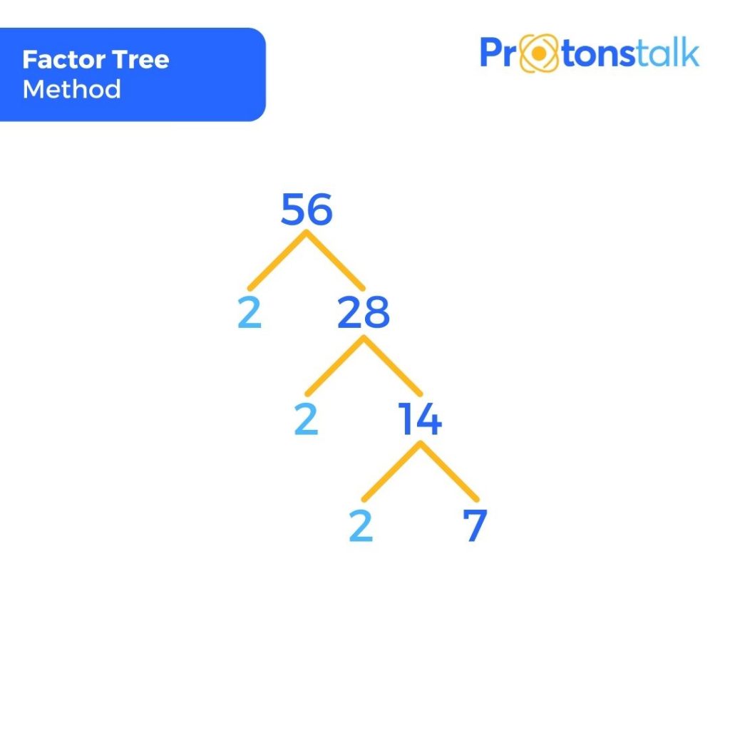 Factor tree method to find prime factors of 56
 