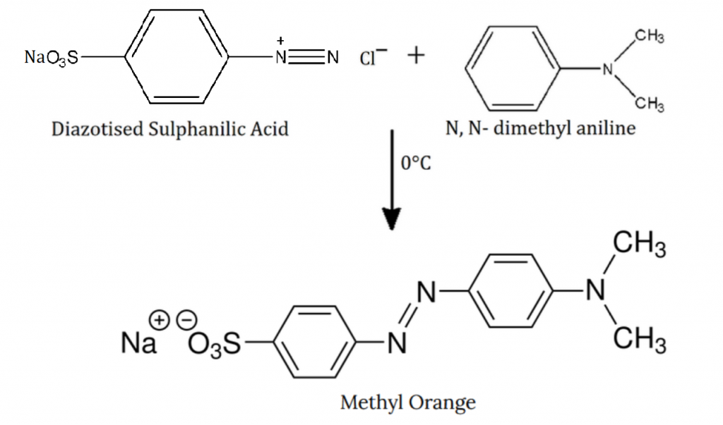 Diazotized Sulfanilic Acid is treated with N,N-dimethyl Aniline